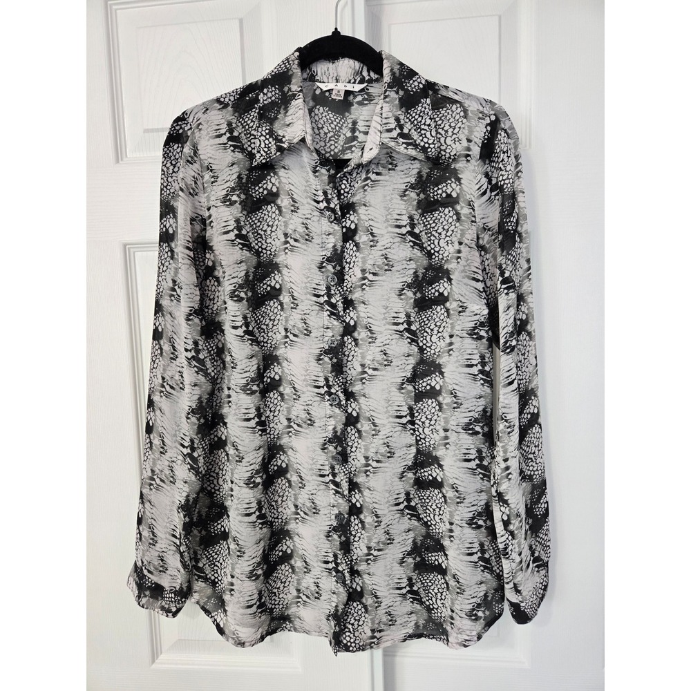 Cabi 988 Snakeskin Print Sheer Button Front Blouse Black White Gray Womens Small